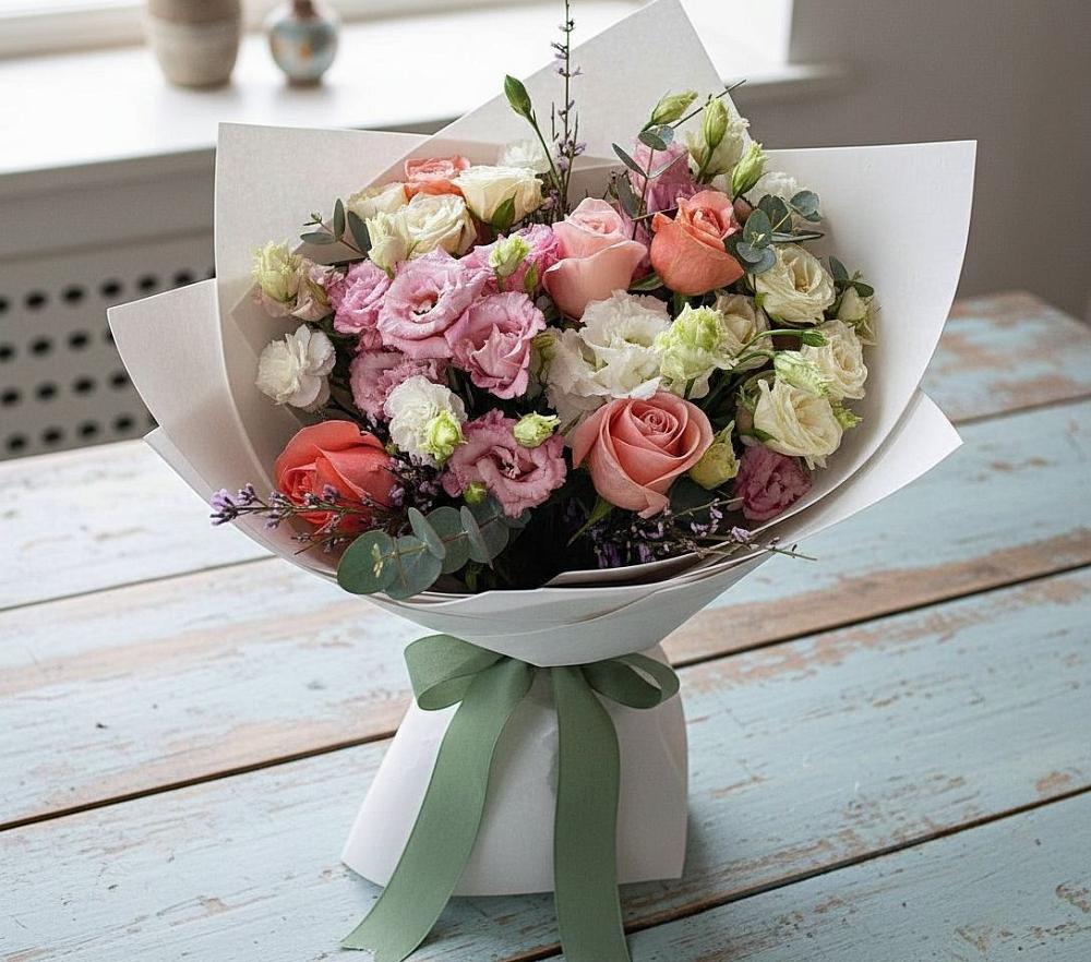 Букет цветов из: Розы, Лизиантусы и Гвоздики в Мундыбаш